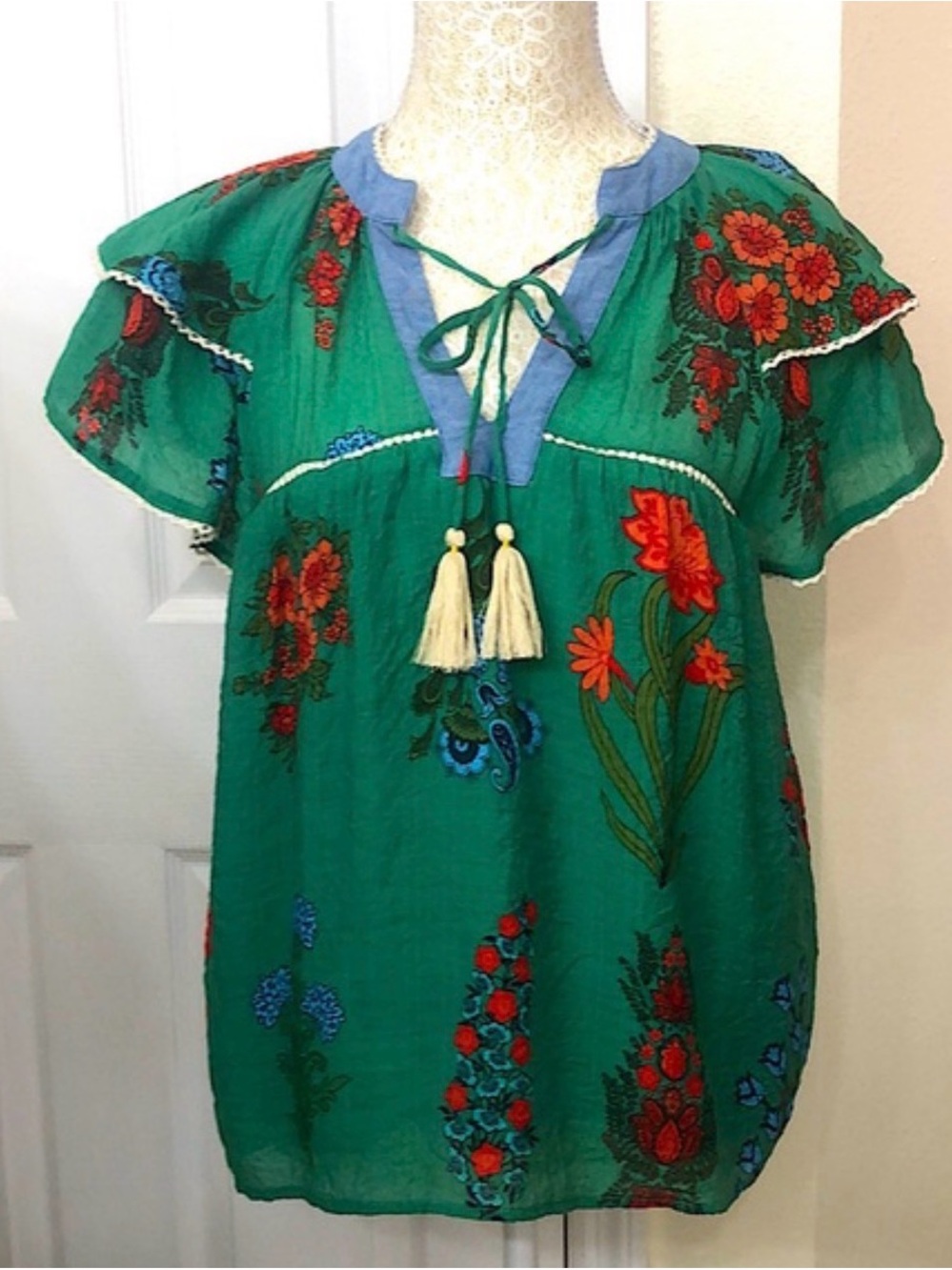 THML Emerald Green Floral Embroidered Tassel Peasant Blouse